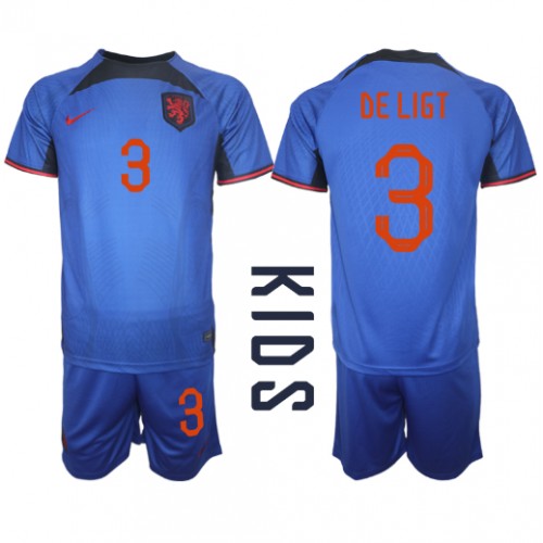 Fotbalové Dres Holandsko Matthijs de Ligt #3 Dětské Venkovní MS 2022 Krátký Rukáv (+ trenýrky)